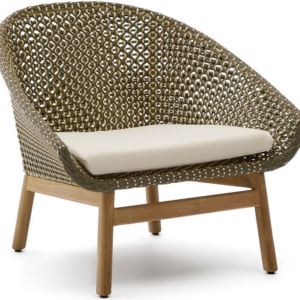 Udendørs lænestol havestol Kave Home Olbia, grøn teaktræ & rattan, aftageligt pudebetræk, rustik, H74ÃB86ÃD78 cm